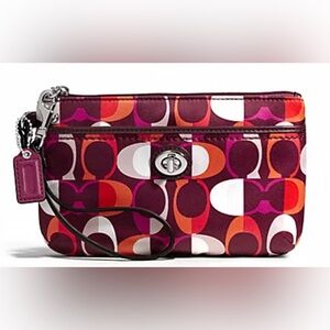 Coach Parker Medium Purple and Orange Patterned Wristlet Satin with Leather Trim